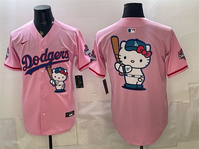Men's Los Angeles Dodgers Team Big Logo Pink Hello Kitty Night 2025 World Series Champions Patch Stitched Baseball Jersey Men's Los Angeles Dodgers Team Big Logo Pink Hello Kitty Night 2025 World Series Champions Patch Stitched Baseball Jersey